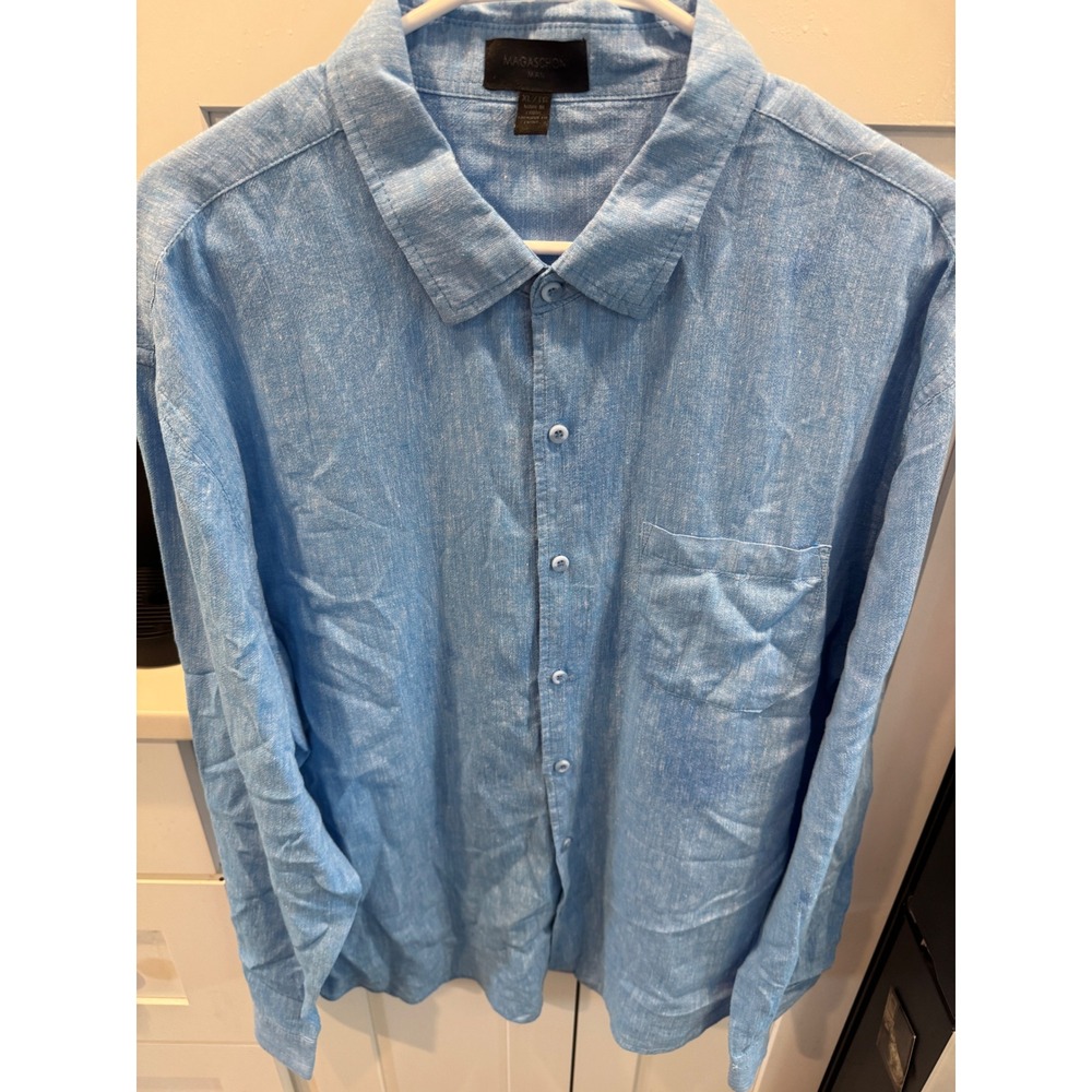 Magaschoni Man Blue Linen Blend Long Sleeve Button Down Shirt Mens XL Pockets